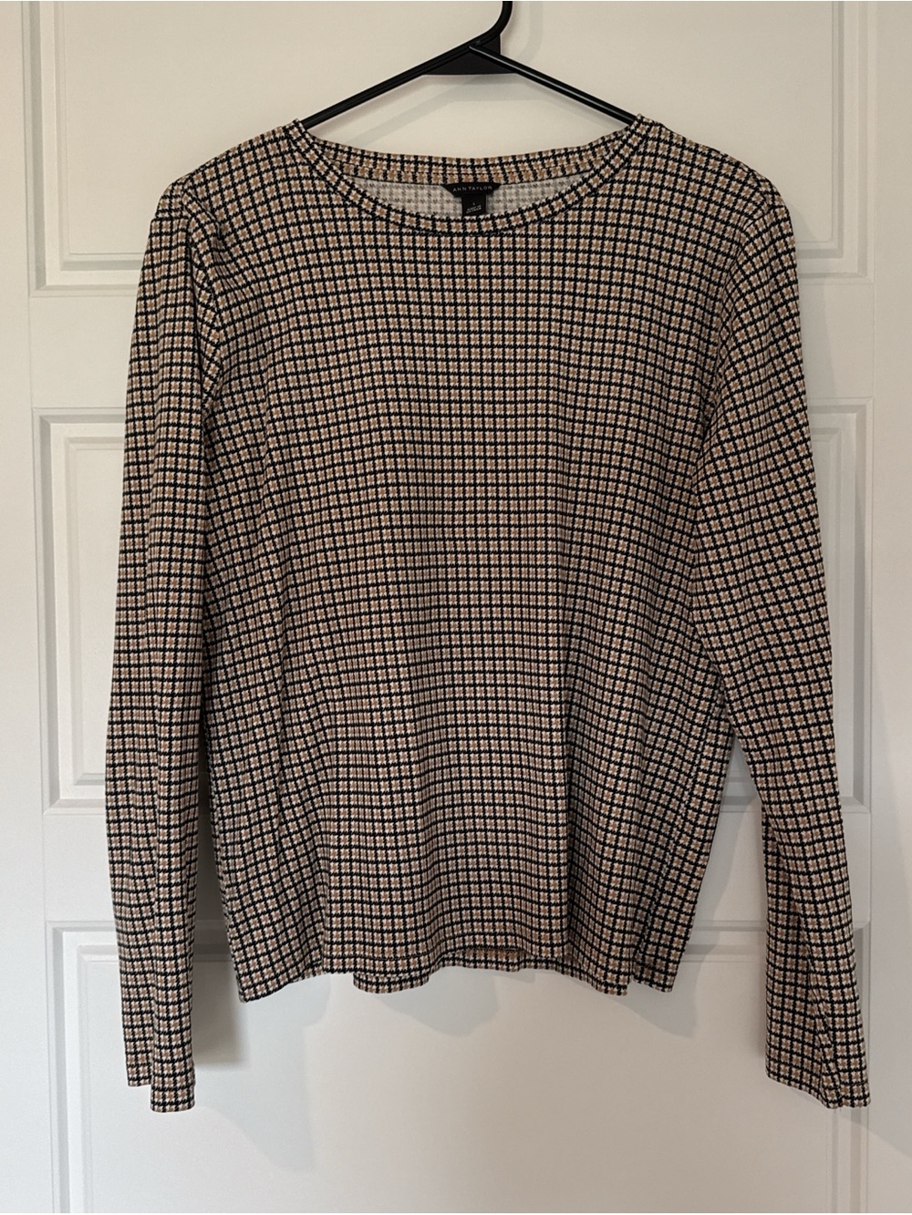 Ann Taylor Checked Crewneck Sweater in Black and Cream